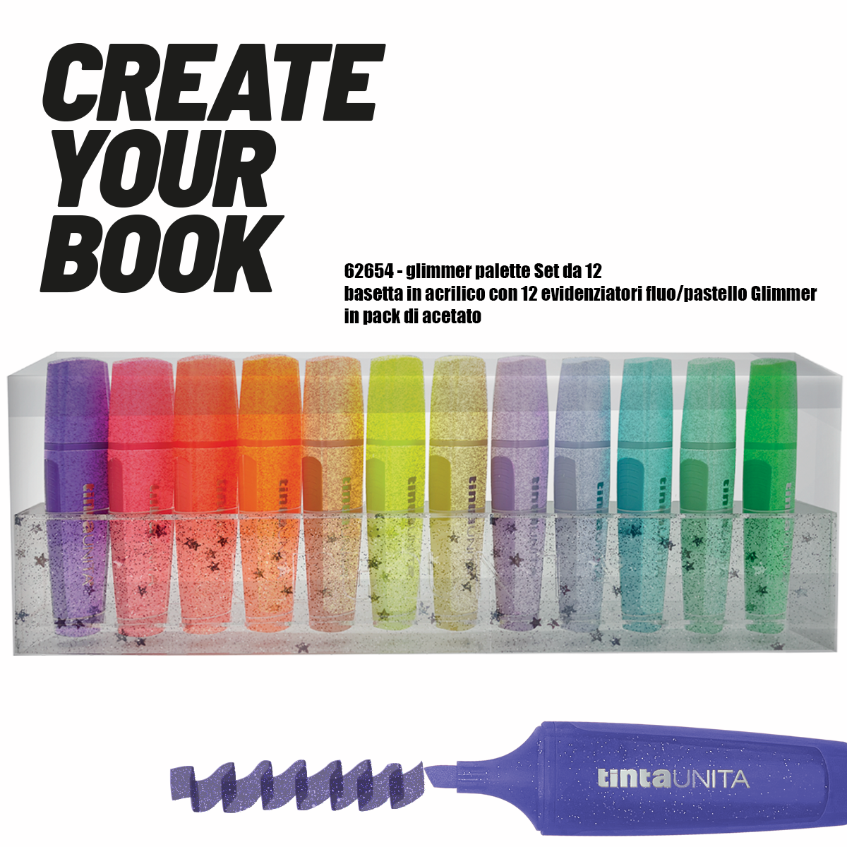 Evidenziatori glitterati fluo n. 12 con basetta tintaunita