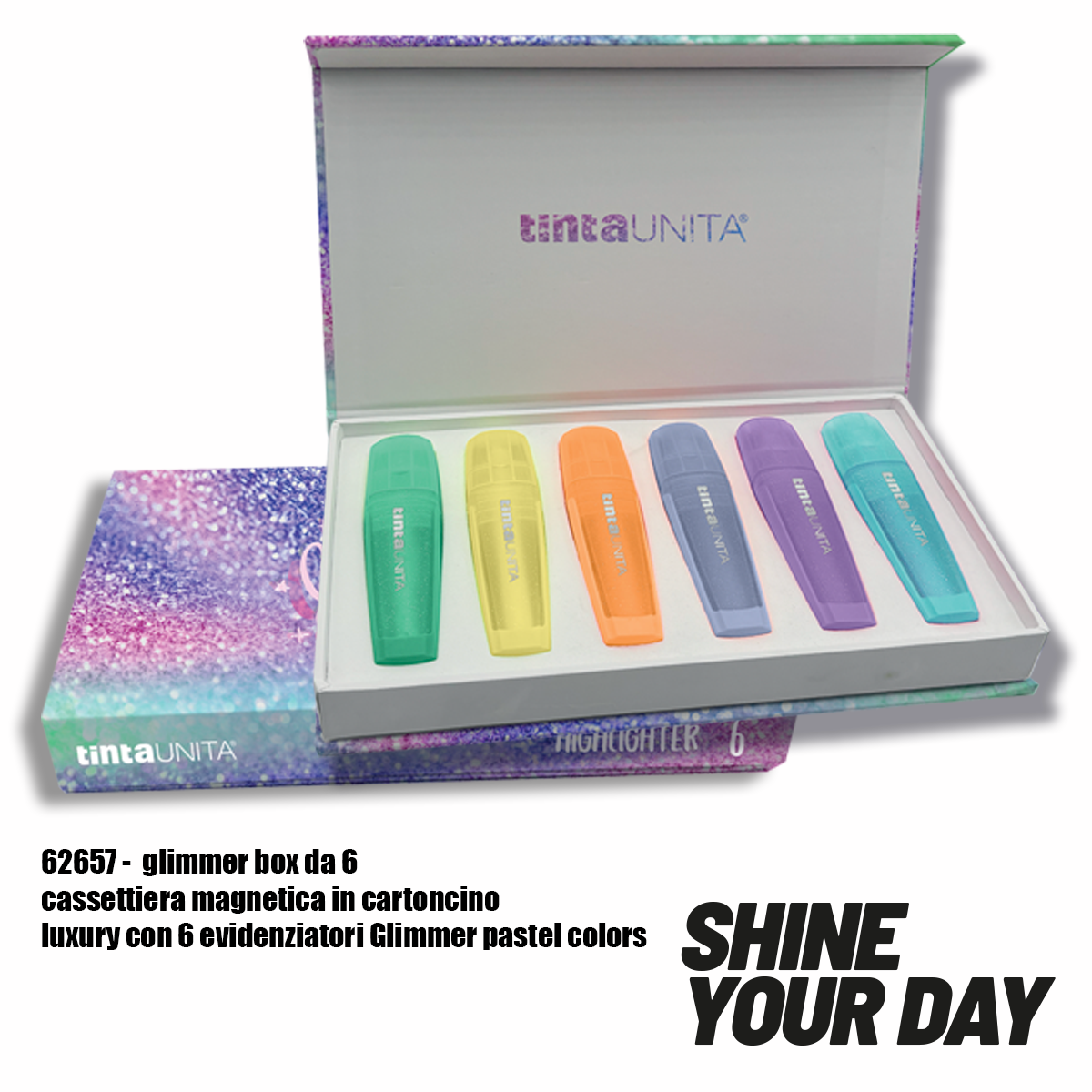 Evidenziatori glitterati pastel tintaunita in cassettiera magnetica