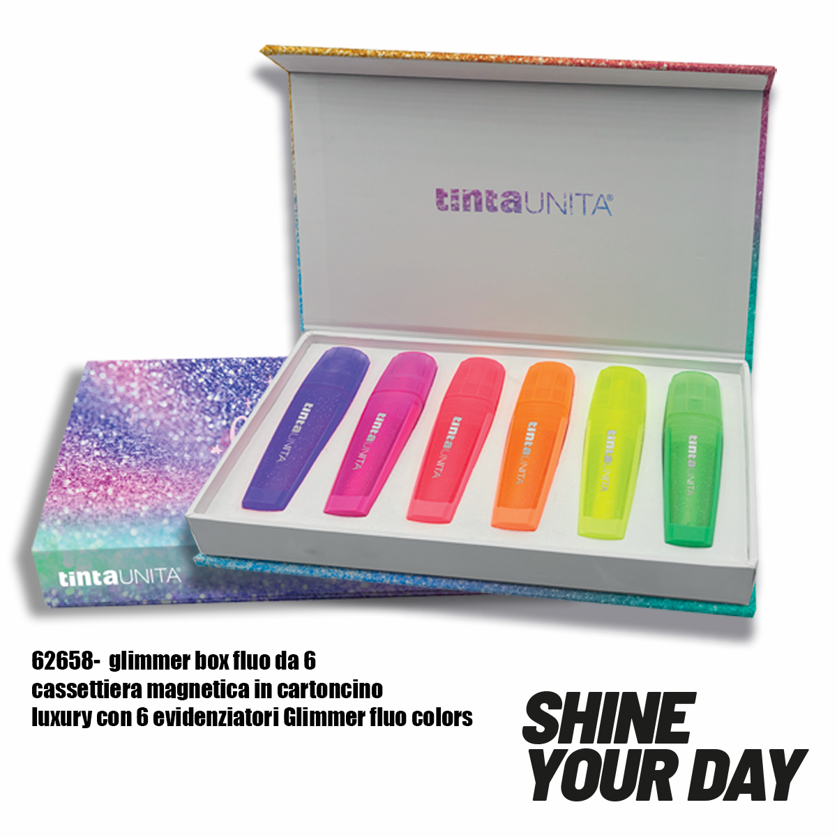 Evidenziatori glitterati fluo tintaunita in cassettiera magnetica n.12