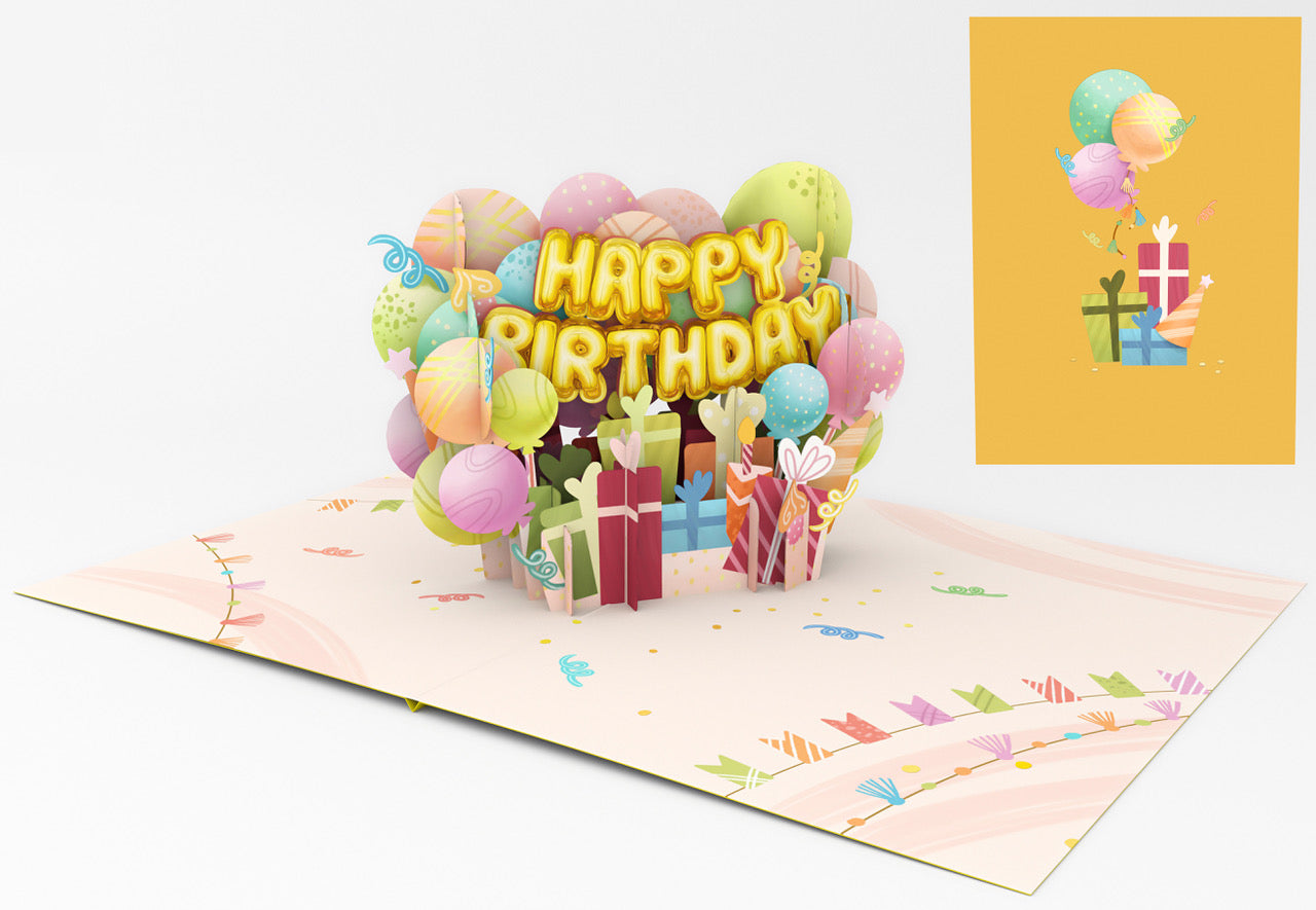 Biglietto Origamo happy birthday regali e palloncini