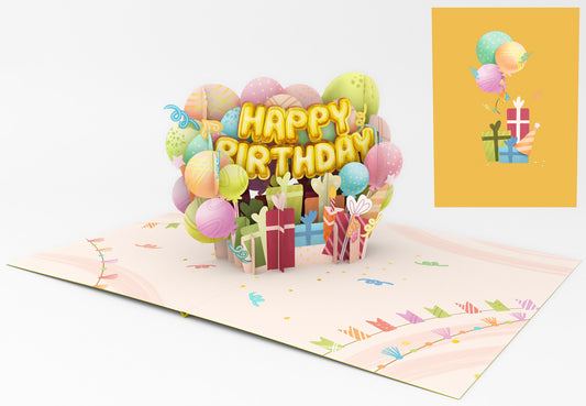 Biglietto Origamo happy birthday regali e palloncini