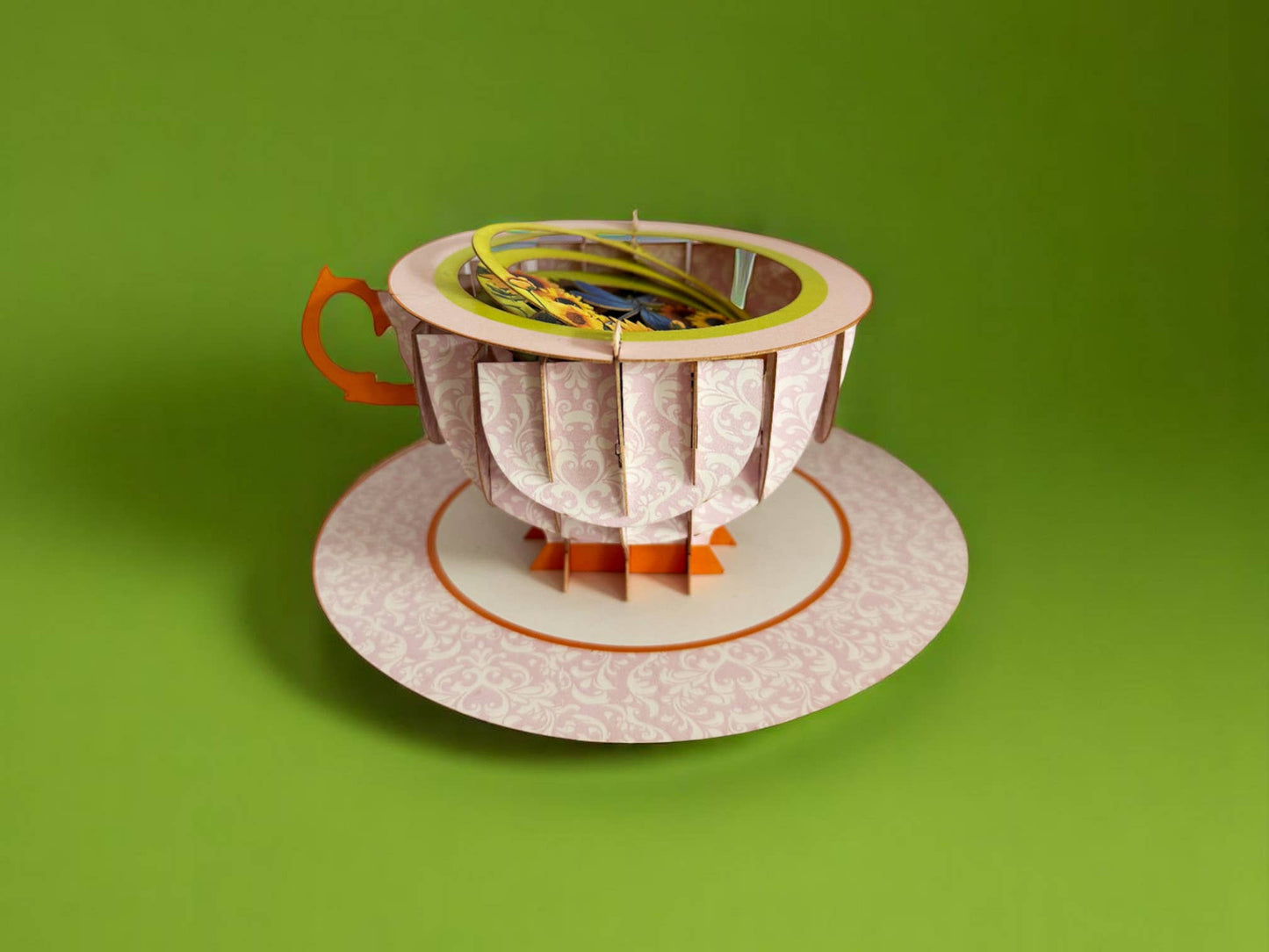Biglietto pop-up a forma di tazza di tè - Girasoli