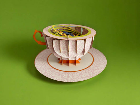 Biglietto pop-up a forma di tazza di tè - Girasoli