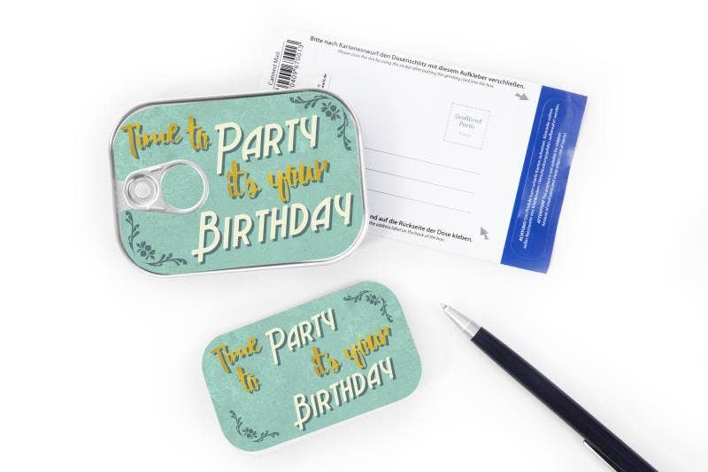 BIGLIETTO_scatola sardine «Time to Party is Your Birthday»