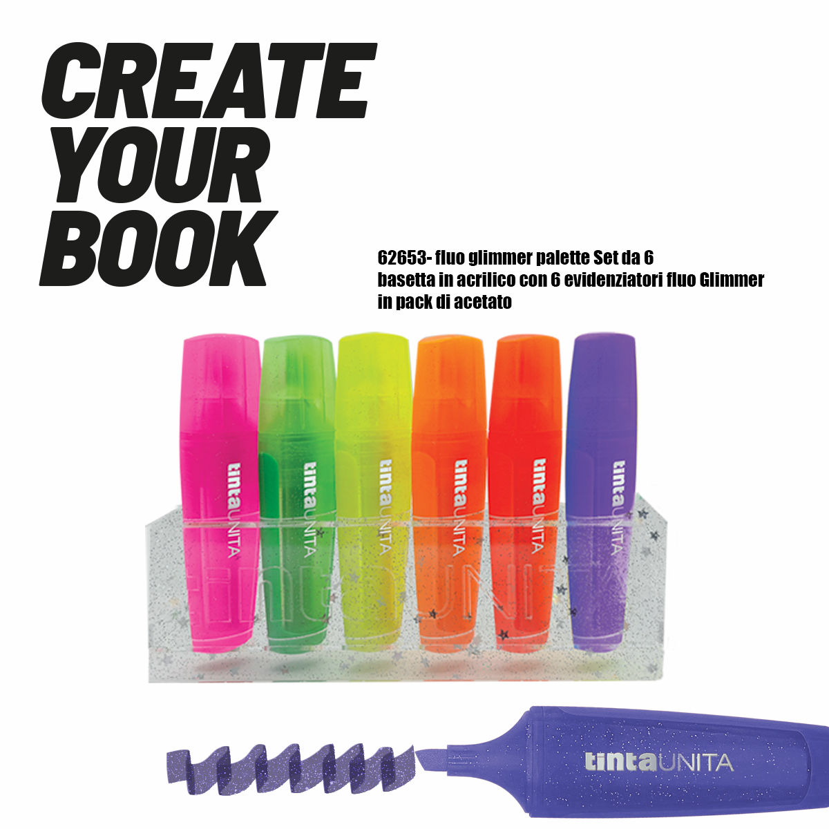 Evidenziatori glitterati fluo con basetta tintaunita